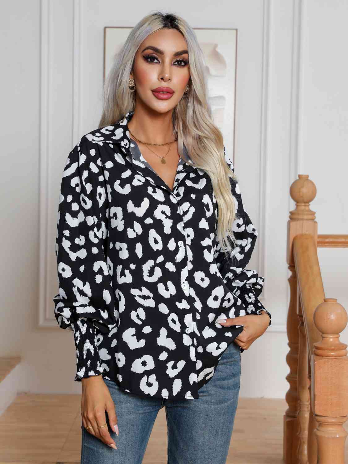 Printed Collared Neck Buttoned Lantern Sleeve Shirt Shirts & Tops Krazy Heart Designs Boutique Black S 