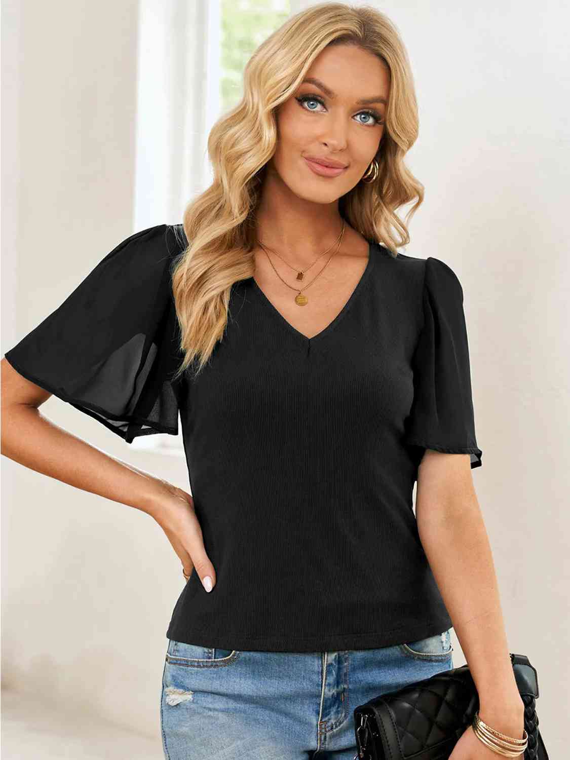 V-Neck Flutter Sleeve Top (4 Colors) Shirts & Tops Krazy Heart Designs Boutique Black S 
