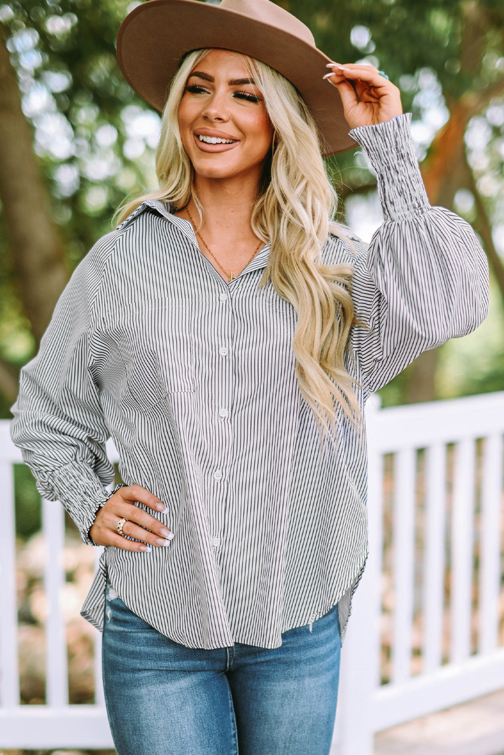 Striped Lantern Sleeve Collared Shirt (3 Colors)  Krazy Heart Designs Boutique Mid Gray S 