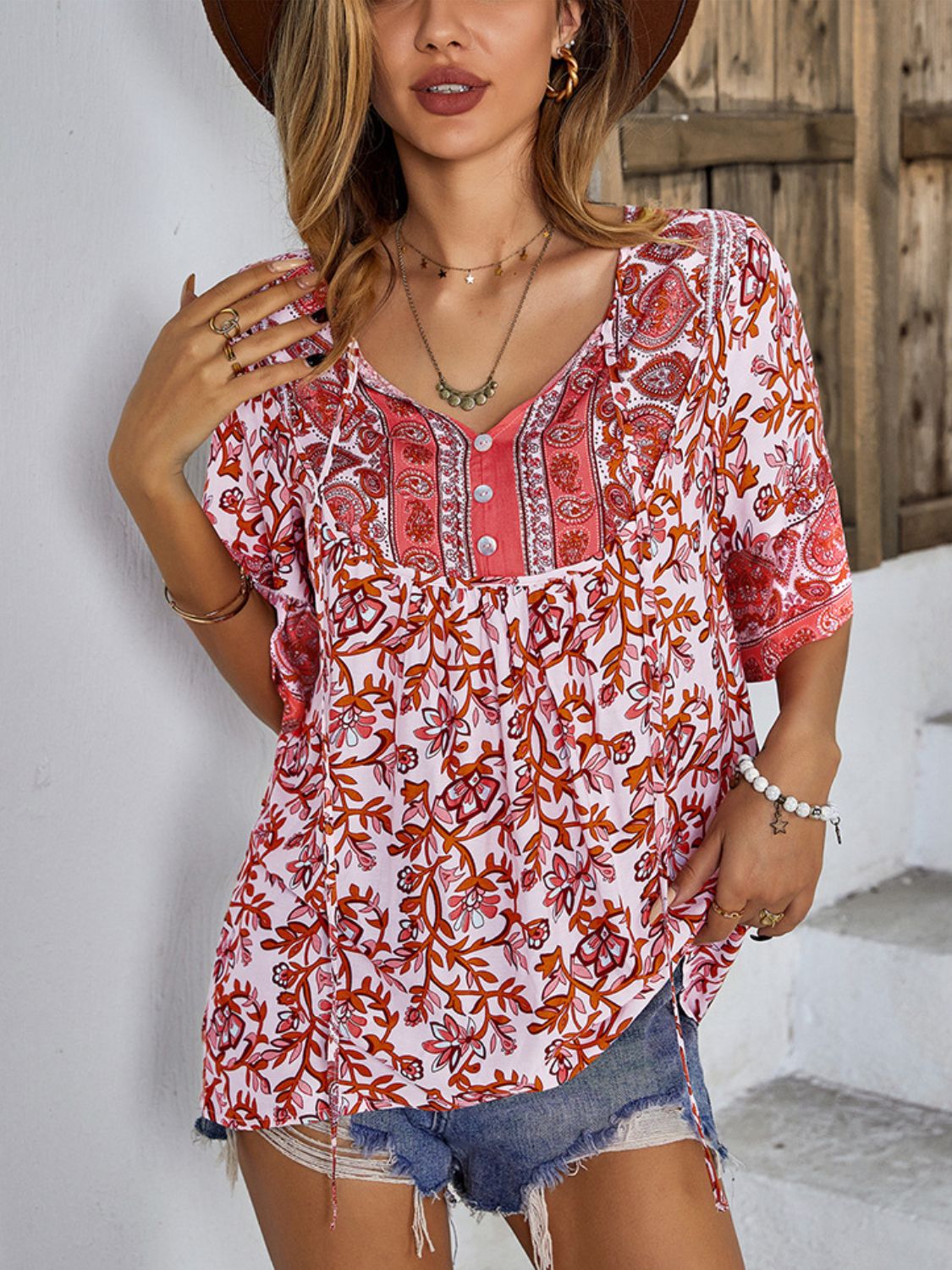 Printed Tie Neck Half Sleeve Tunic Blouse (2 Colors)  Krazy Heart Designs Boutique Deep Red S 