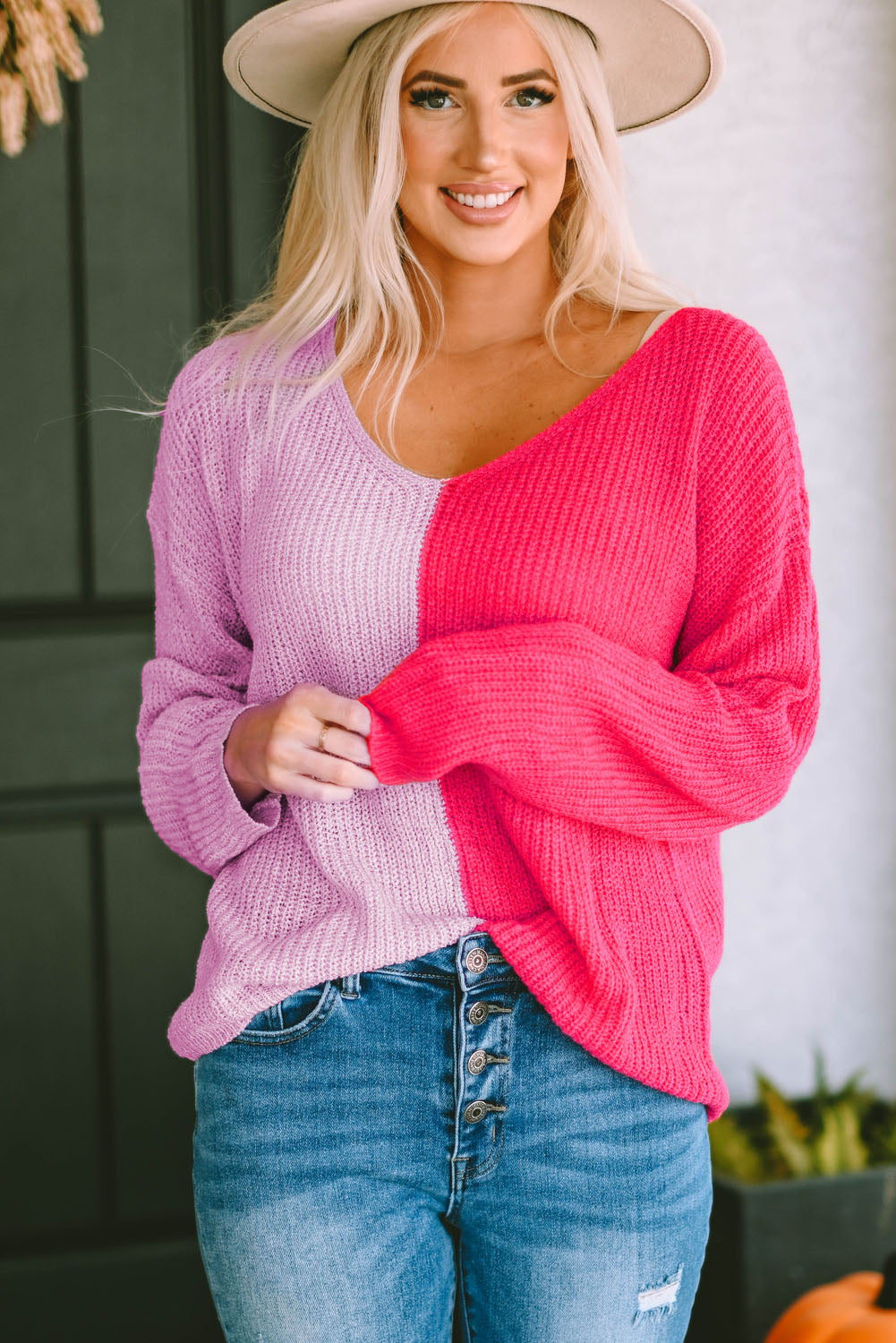 KHD Contrast Color V-Neck Long Sleeve Pullover Sweater (3 Colors)  Krazy Heart Designs Boutique Hot Pink S 