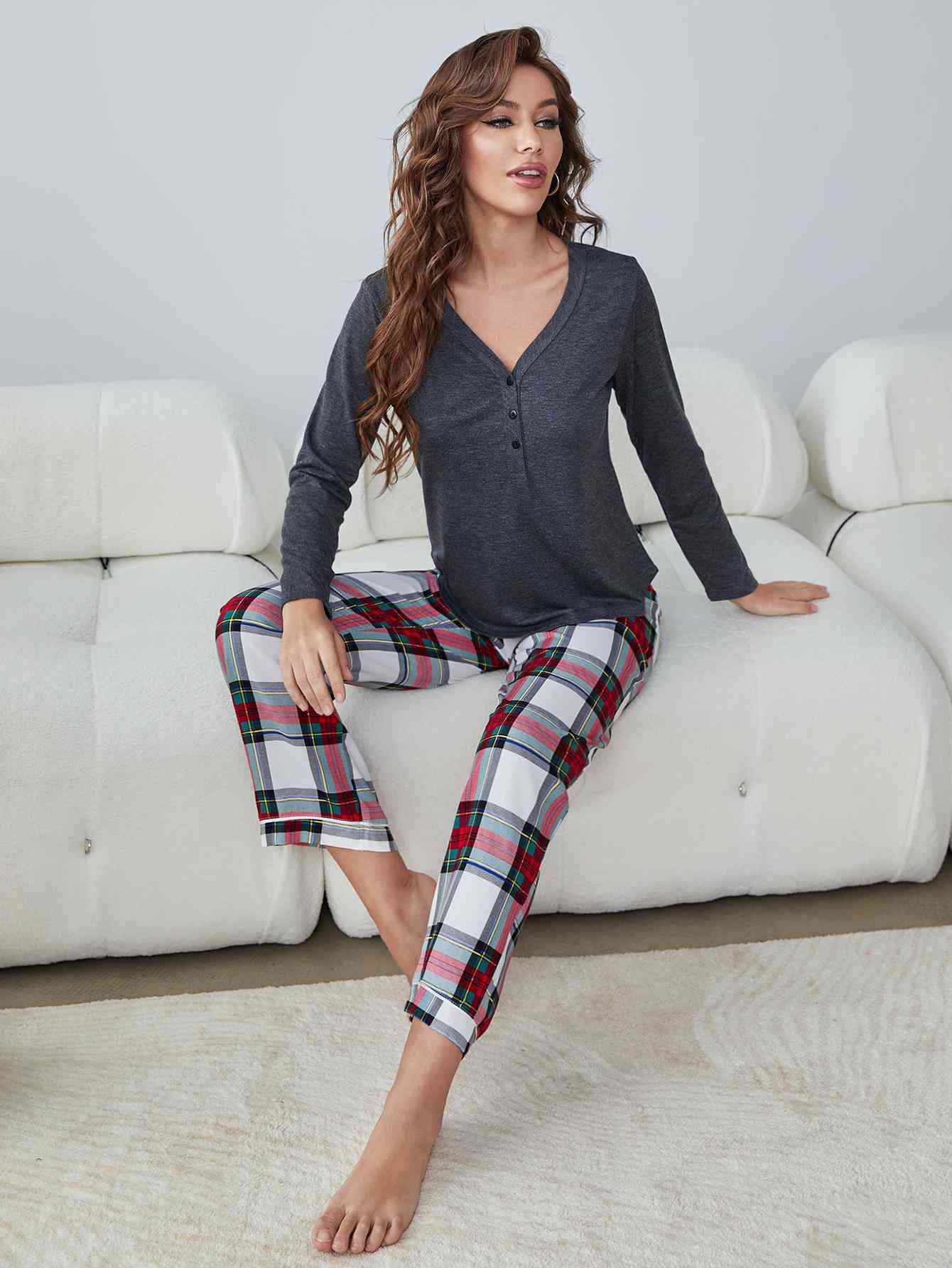 Buttoned Long Sleeve Top and Plaid Pants Lounge Set Loungewear Krazy Heart Designs Boutique   