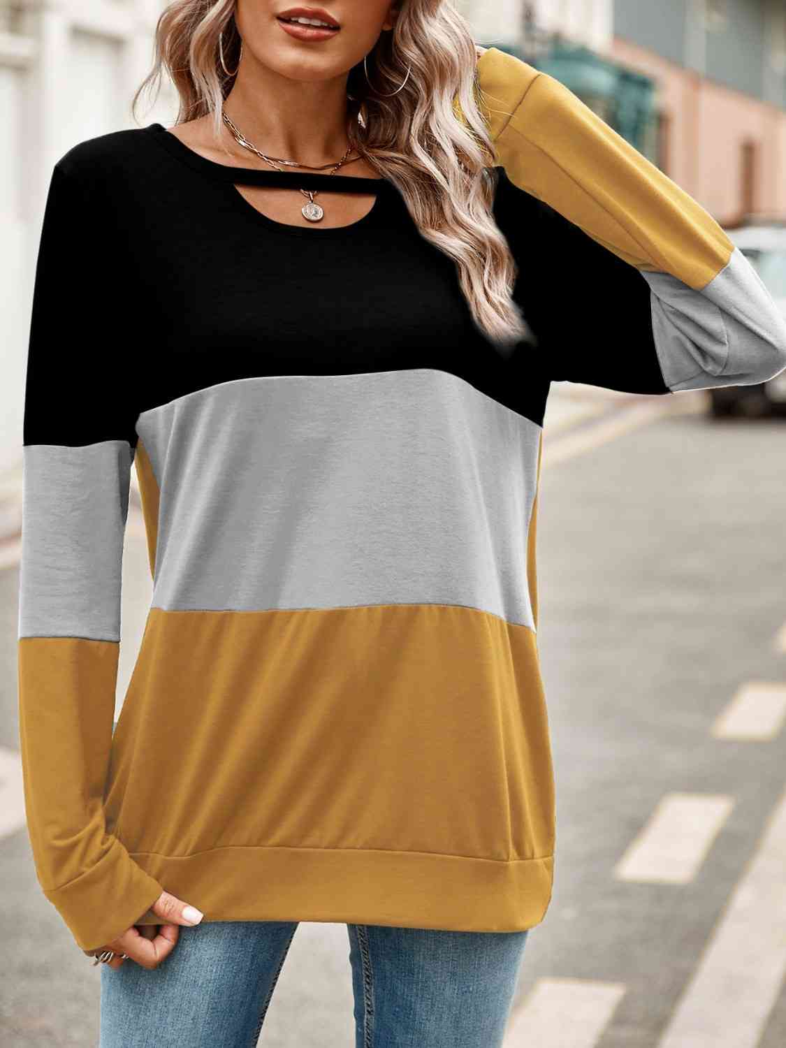 Color Block Cutout Round Neck Long Sleeve T-Shirt  Krazy Heart Designs Boutique Terracotta S 