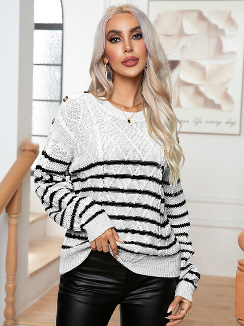 Striped Round Neck Cable-Knit Sweater Shirts & Tops Krazy Heart Designs Boutique White S 
