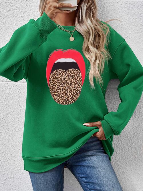 Leopard Lip Graphic Round Neck Sweatshirt (9 Colors) Shirts & Tops Krazy Heart Designs Boutique Green S 