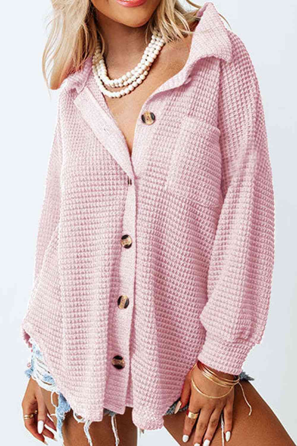 Waffle-Knit Button Up Long Sleeve Shirt with Pocket (10 Colors)  Krazy Heart Designs Boutique Blush Pink S 
