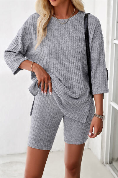 Ribbed Round Neck Top and Shorts Lounge Set (4 Colors) Loungewear Krazy Heart Designs Boutique Light Gray S 