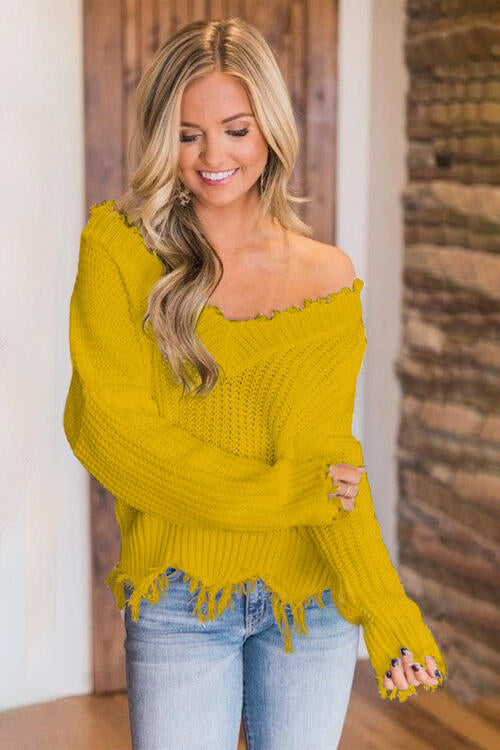 Frayed Hem Dropped Shoulder Sweater (10 Colors) Shirts & Tops Krazy Heart Designs Boutique   