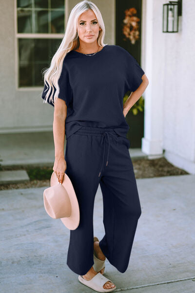 Double Take Full Size Texture Short Sleeve Top and Pants Lounge Set (4 Colors) Loungewear Krazy Heart Designs Boutique Navy S 