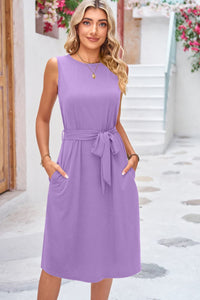 Round Neck Tie Belt Sleeveless Dress with Pockets (7 Colors)  Krazy Heart Designs Boutique Heliotrope Purple S 