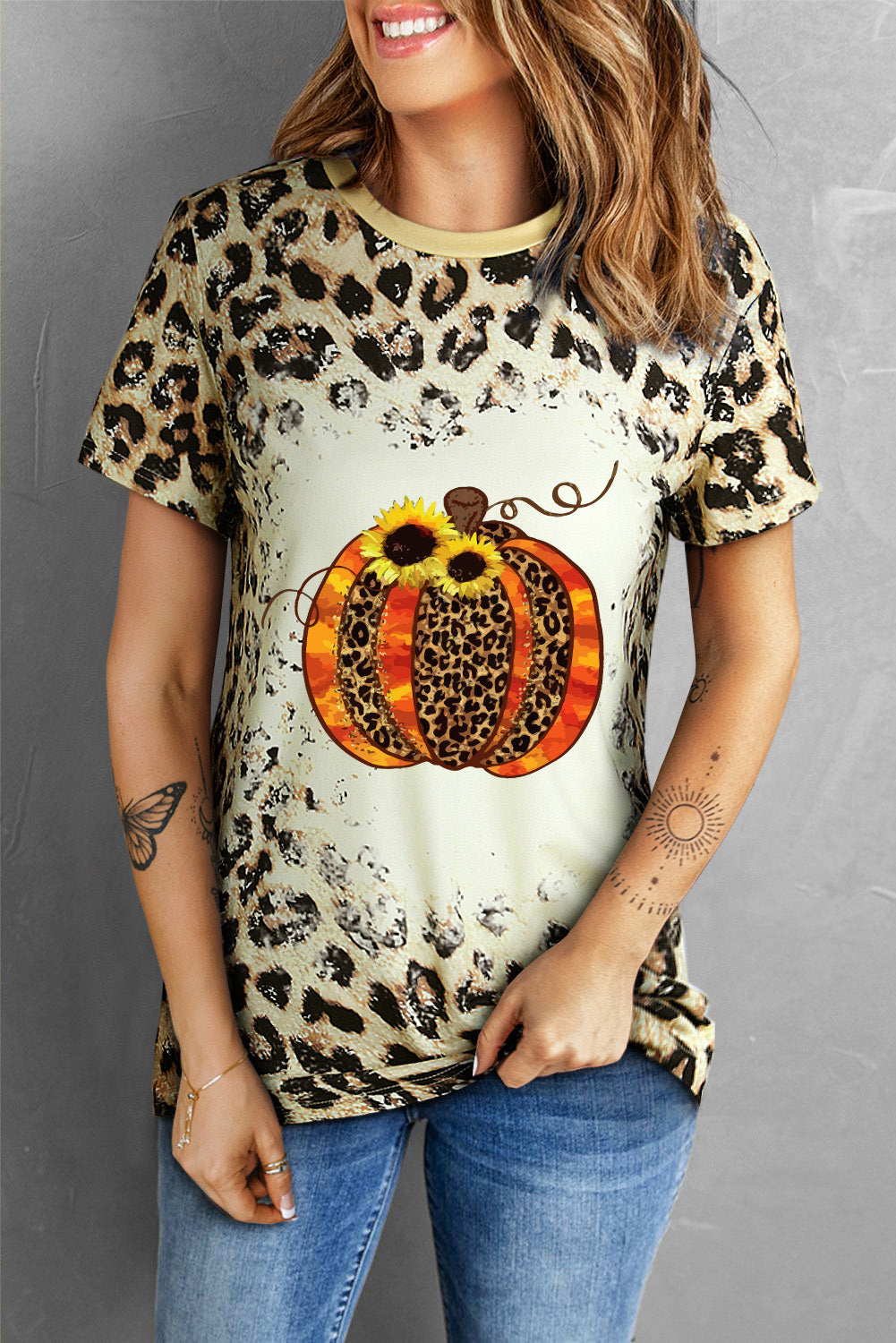 Leopard Pumpkin Graphic Round Neck Tee  Krazy Heart Designs Boutique Leopard S 