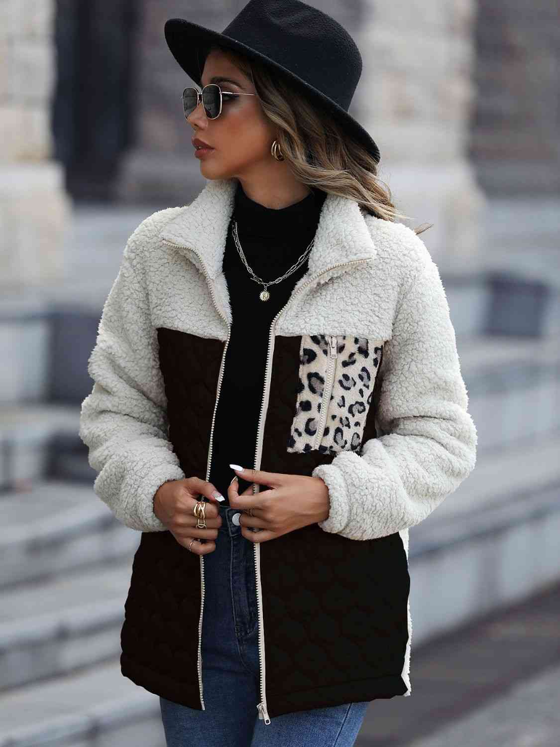 Leopard Print Color Block Zip-Up Jacket (6 Colors) coats Krazy Heart Designs Boutique Black S 