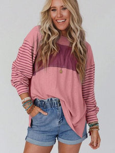 Round Neck Striped Long Sleeve Slit T-Shirt (5 Colors) Shirts & Tops Krazy Heart Designs Boutique Moonlit Mauve S 