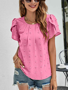 Swiss Dot Round Neck Petal Sleeve Top (10 Colors)  Krazy Heart Designs Boutique Hot Pink S 