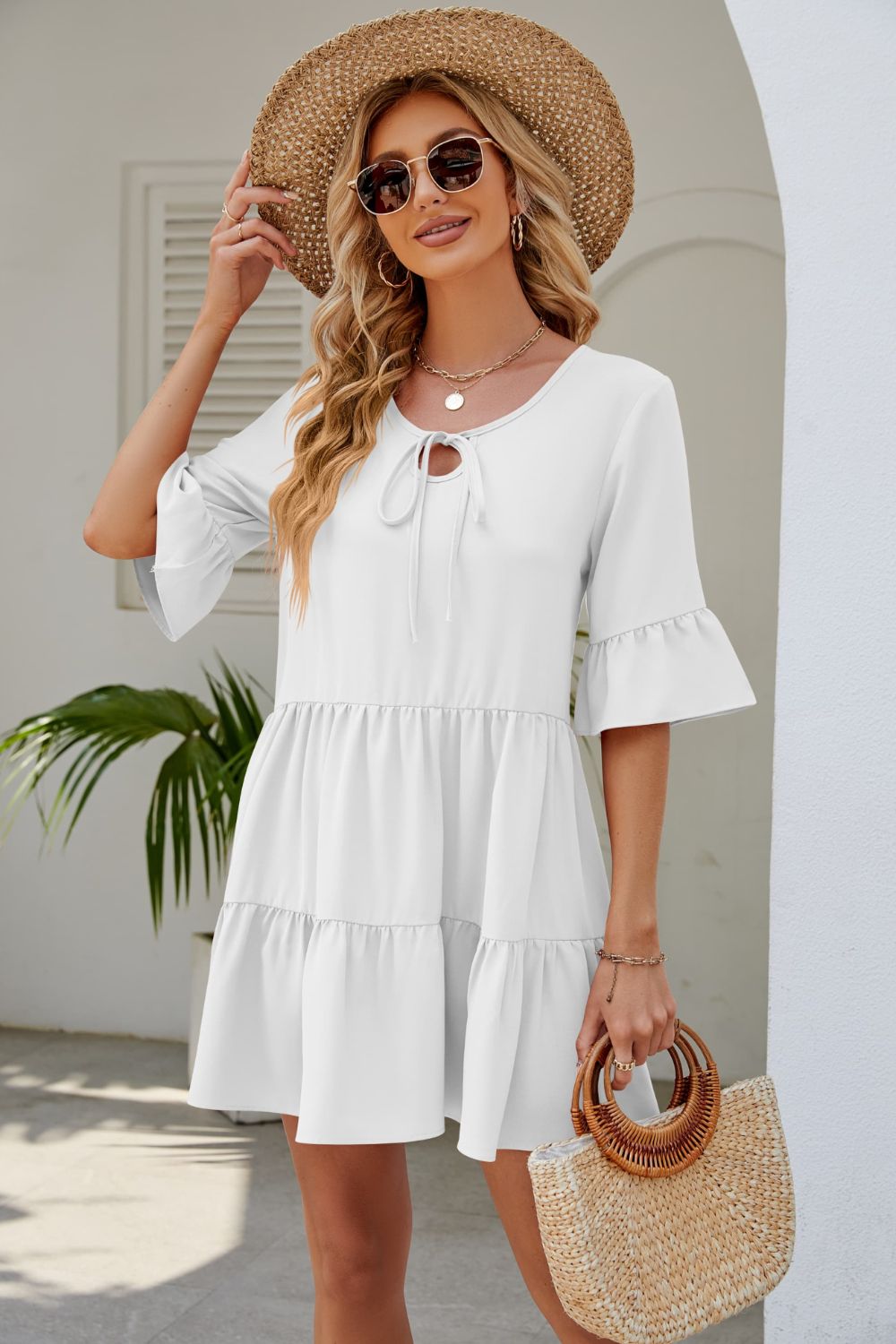 Tied Flounce Sleeve Mini Dress (4 Colors)  Krazy Heart Designs Boutique White S 