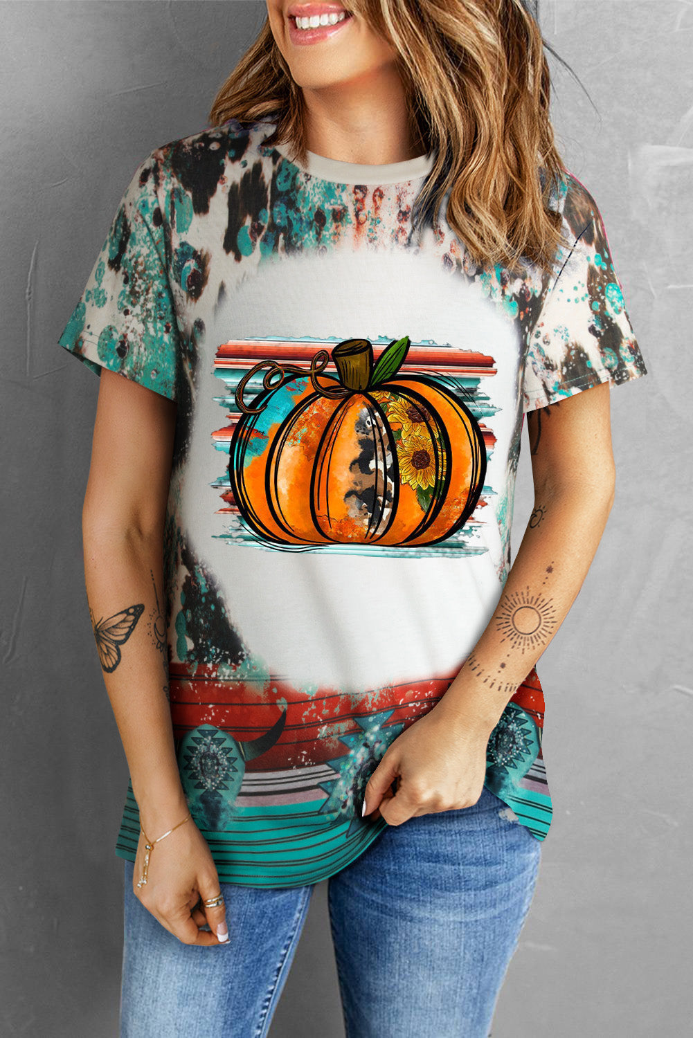 Pumpkin Graphic Round Neck Short Sleeve Tee  Krazy Heart Designs Boutique Turquoise S 