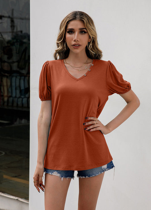 V-Neck Decorative Buttons Puff Sleeve Tee (4 Colors)  Krazy Heart Designs Boutique Ochre S 