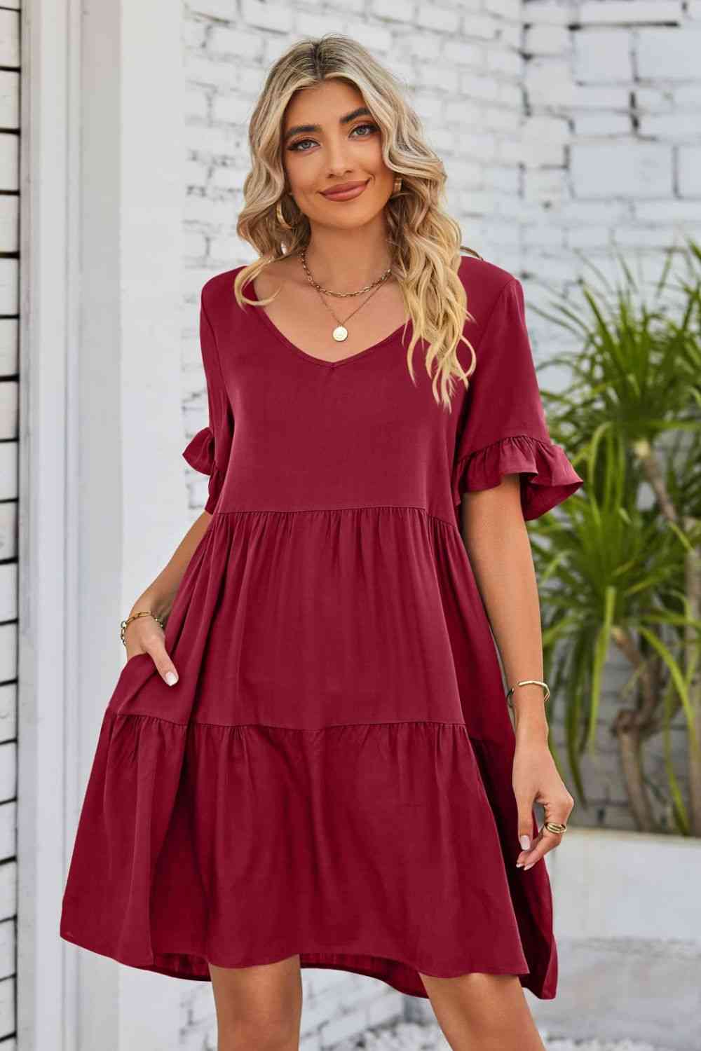 V-Neck Flounce Sleeve Tiered Dress (8 Colors)  Krazy Heart Designs Boutique Wine S 