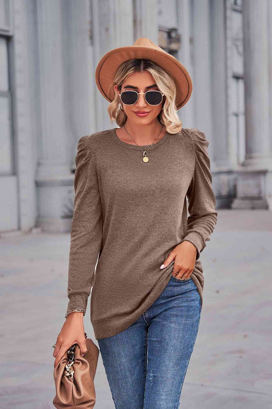 Heathered Puff Sleeve Round Neck Tunic Top (6 Colors)  Krazy Heart Designs Boutique Coffee S 