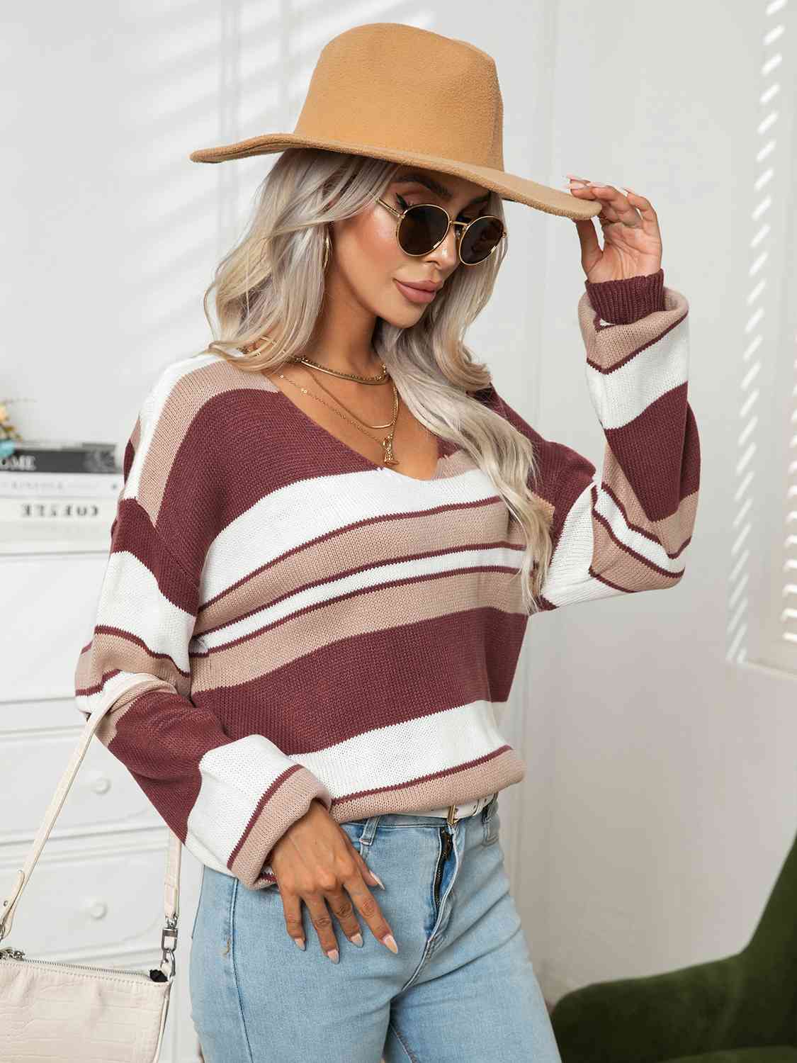 Striped V-Neck Long Sleeve Knit Top(3 Colors)  Krazy Heart Designs Boutique   