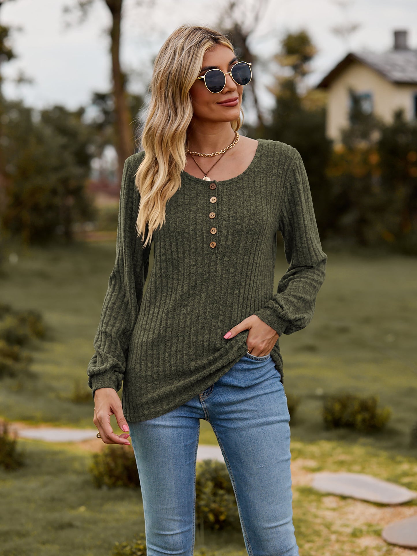 Round Neck Button-Down Long Sleeve Tee (7 Colors)  Krazy Heart Designs Boutique Army Green S 