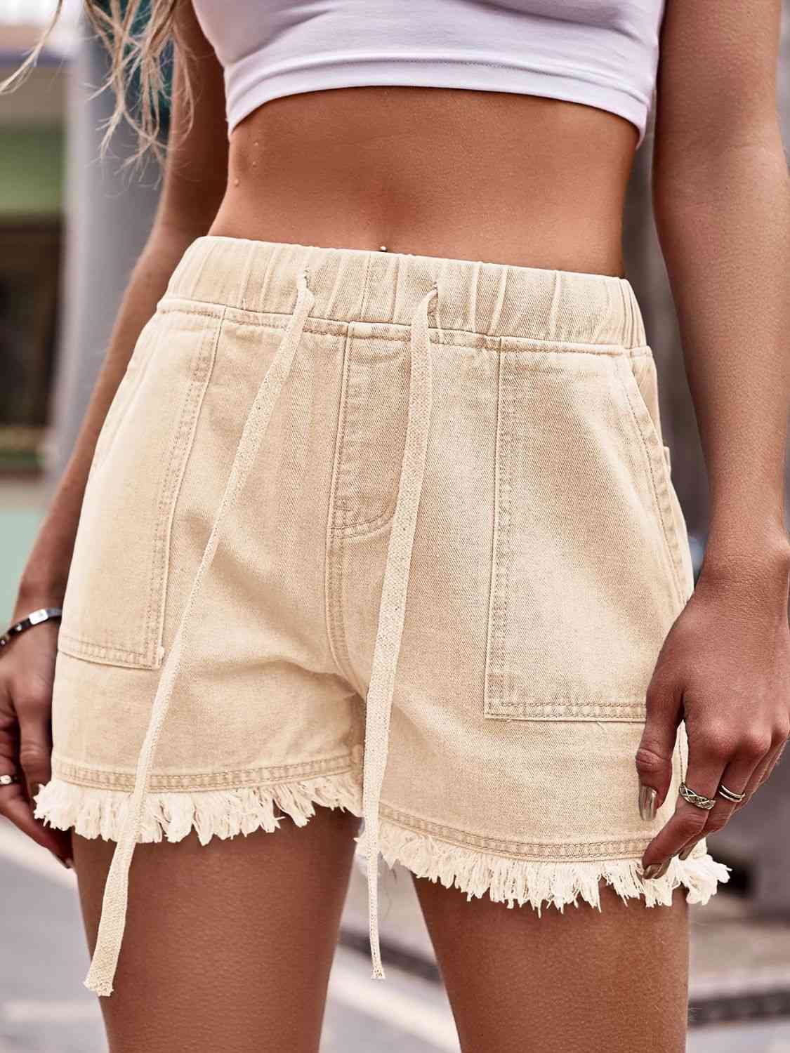 Drawstring Raw Hem Denim Shorts (12 Colors) shorts Krazy Heart Designs Boutique Sand S 