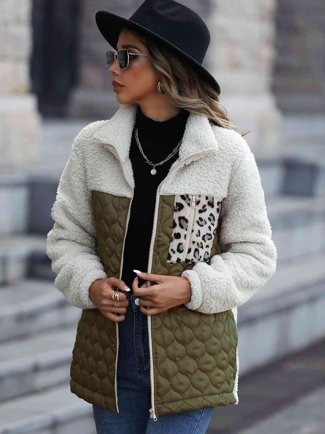 Leopard Print Color Block Zip-Up Jacket (6 Colors) coats Krazy Heart Designs Boutique Army Green S 