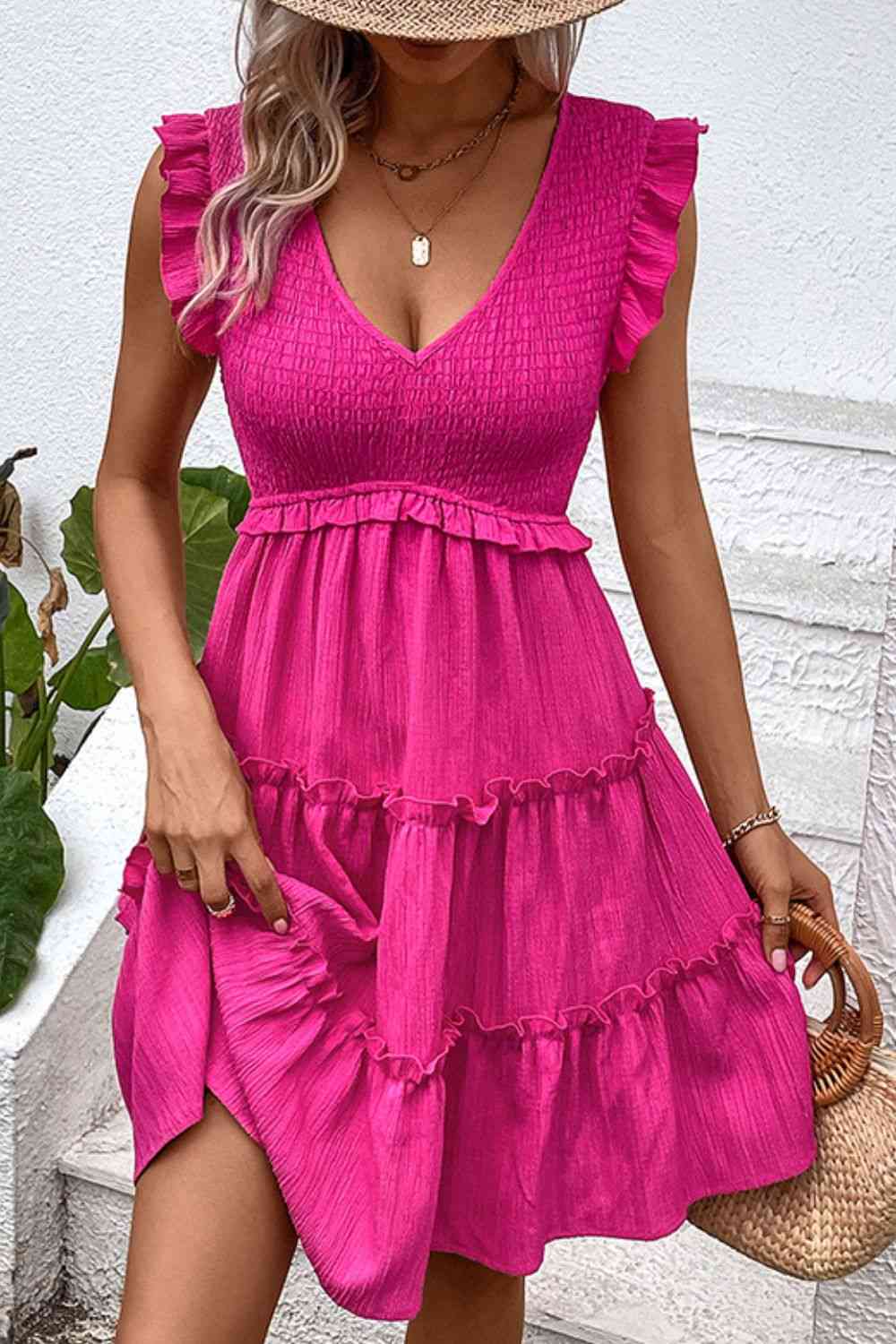 Smocked Frill Trim Deep V Dress  Krazy Heart Designs Boutique Hot Pink S 