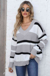 Color Block V-Neck Dropped Shoulder Sweater (7 Colors) Shirts & Tops Krazy Heart Designs Boutique Light Gray One Size 