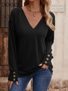 V-Neck Long Button Sleeve Top (8 Colors)  Krazy Heart Designs Boutique Black S 