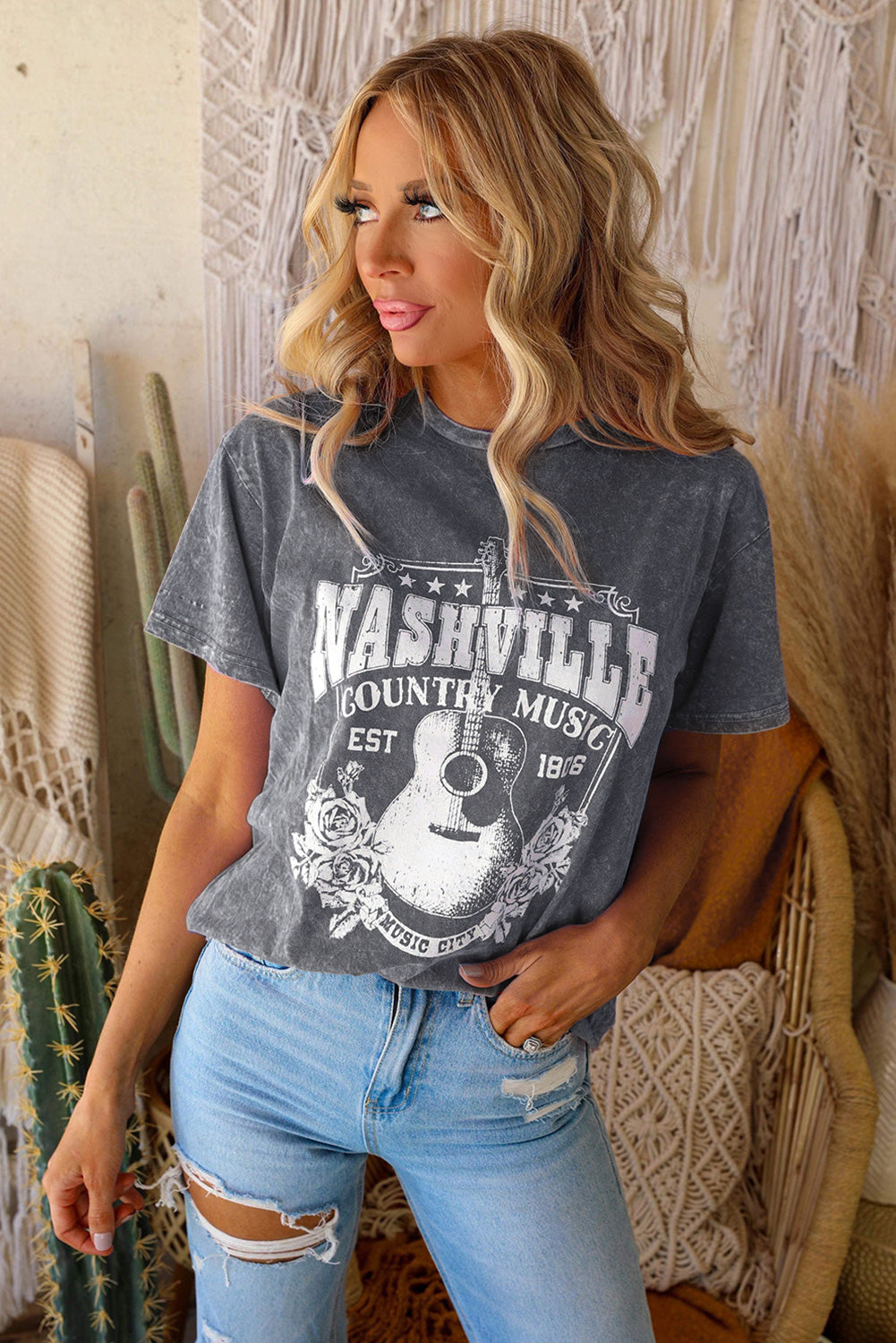 NASHVILLE COUNTRY MUSIC Graphic Round Neck Tee Shirt (2 Colors)  Krazy Heart Designs Boutique Charcoal S 