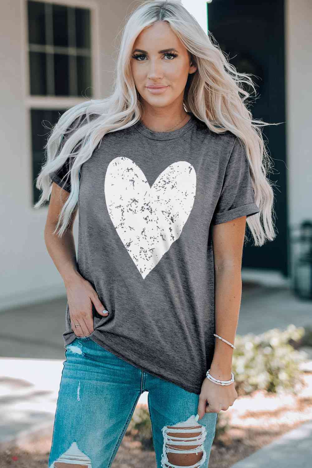 Heart Graphic Cuffed Short Sleeve Tee  Krazy Heart Designs Boutique Gray S 