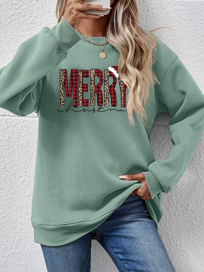 MERRY CHRISTMAS Round Neck Long Sleeve Sweatshirt (9 colors) Shirts & Tops Krazy Heart Designs Boutique Sage S 