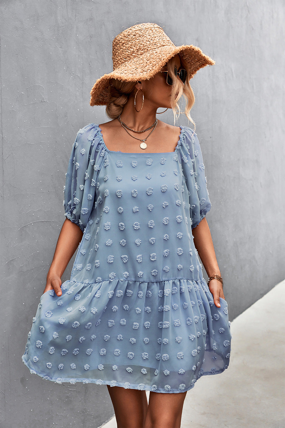 Swiss Dot Square Neck Half Balloon Sleeve Dress (3 Colors)  Krazy Heart Designs Boutique Blue S 