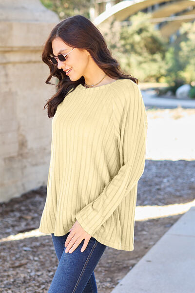 Basic Bae Full Size Ribbed Round Neck Long Sleeve Knit Top (5 Colors) Shirts & Tops Krazy Heart Designs Boutique   