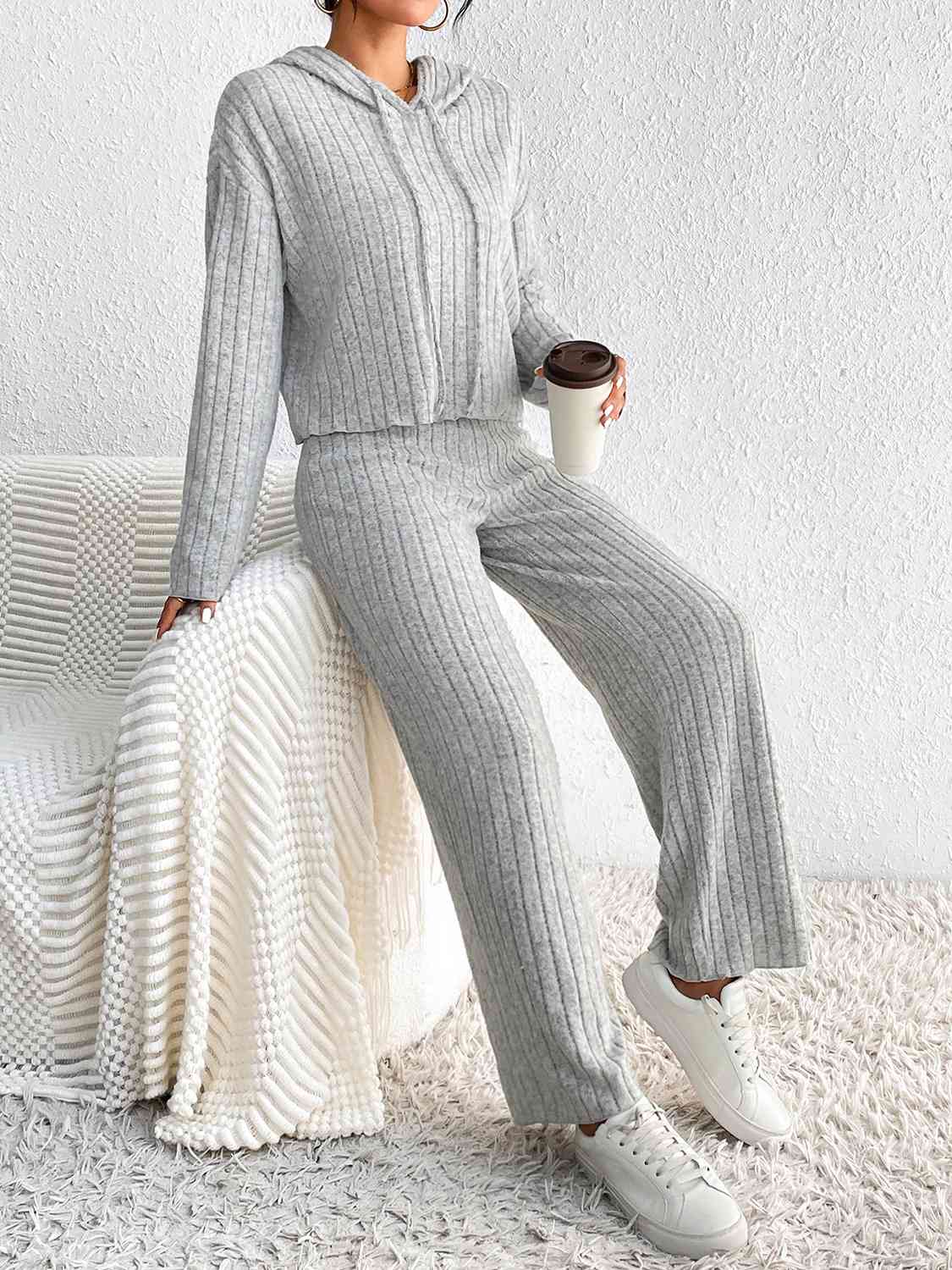 Drawstring Ribbed Hoodie and Straight Leg Pants Set Outfit Sets Krazy Heart Designs Boutique   