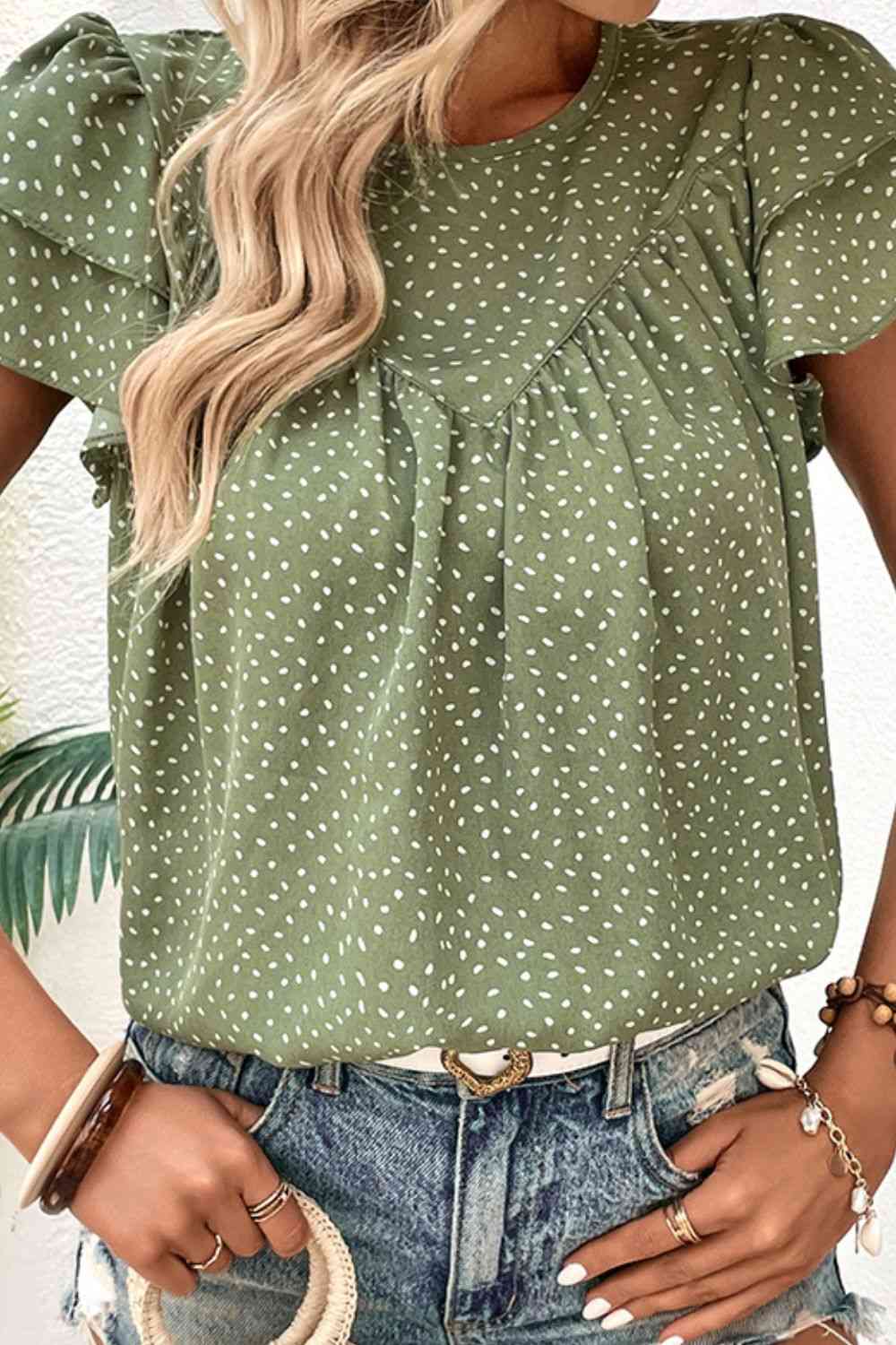 Printed Round Neck Puff Sleeve Blouse  Krazy Heart Designs Boutique   