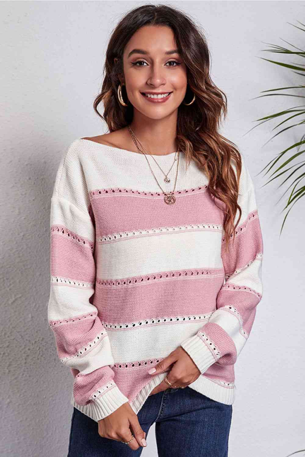 Striped Boat Neck Dropped Shoulder Sweater (4 Colors) Shirts & Tops Krazy Heart Designs Boutique Blush Pink S 