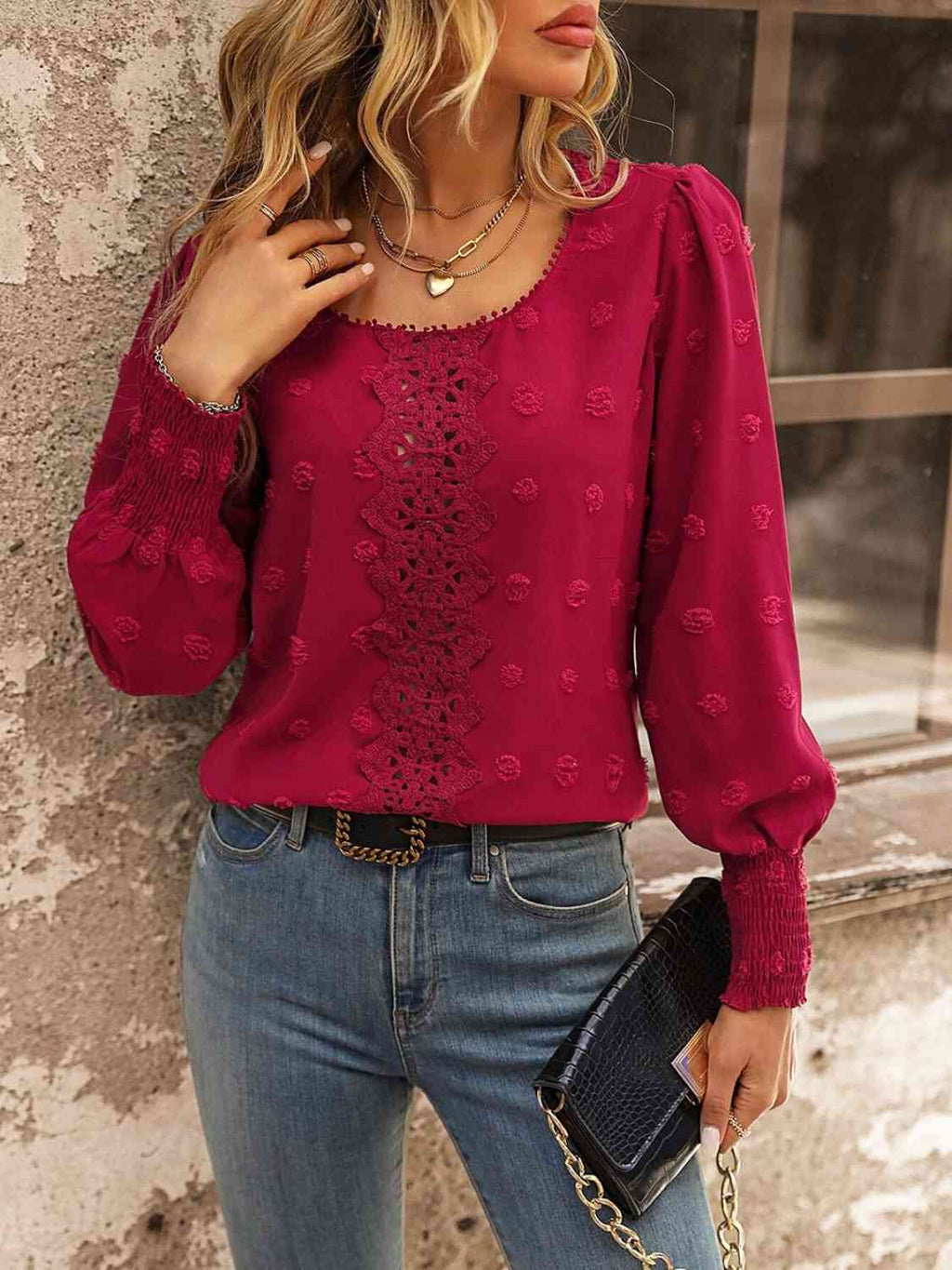 Swiss Dot Lace Detail Blouse (4 Colors) Shirts & Tops Krazy Heart Designs Boutique Deep Red S 
