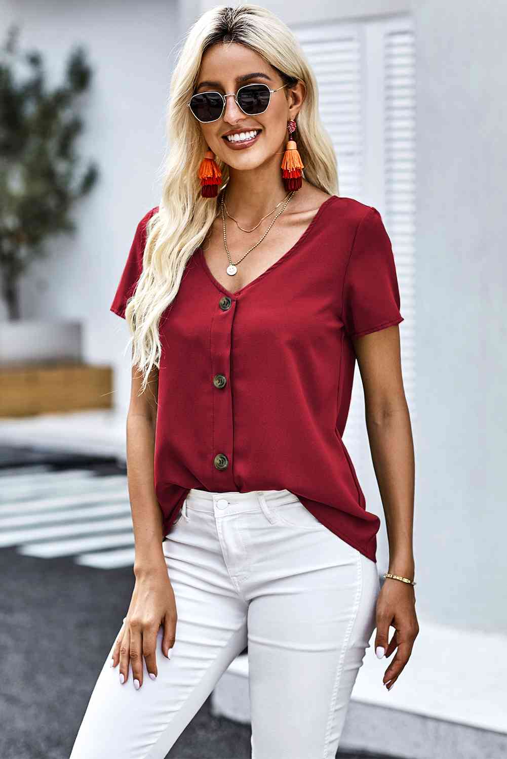 Buttoned V-Neck Short Sleeve Top (6 Colors) Shirts & Tops Krazy Heart Designs Boutique Deep Red S 