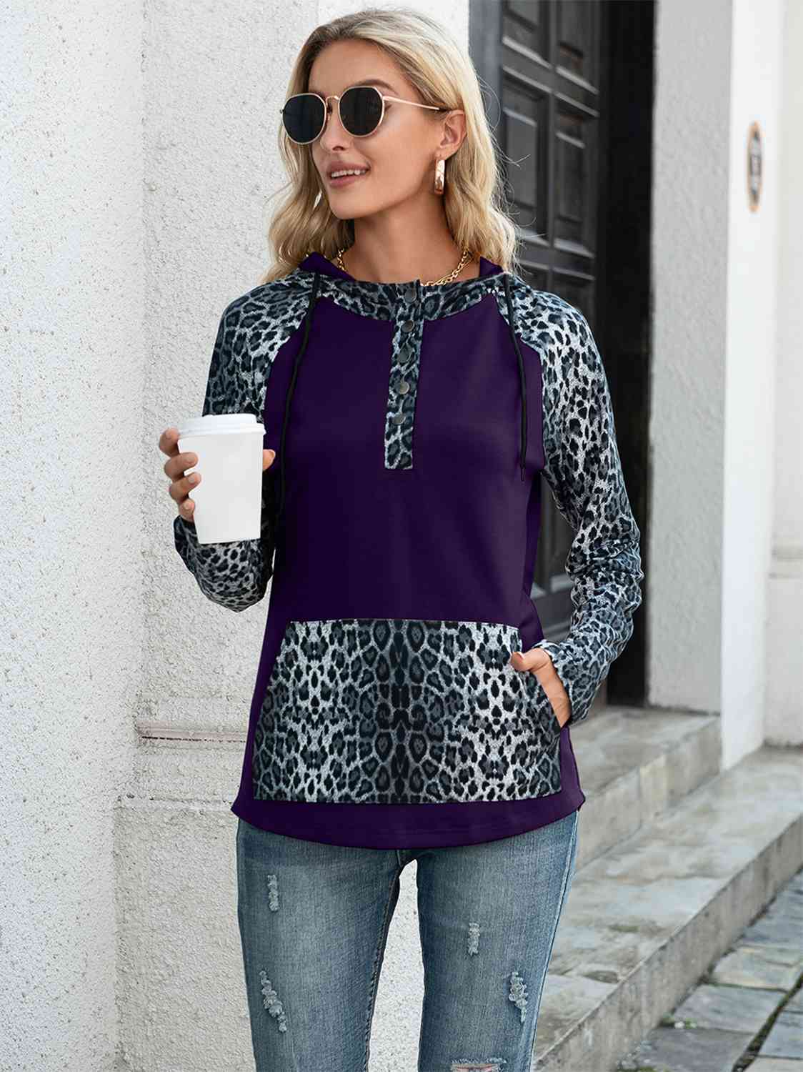 Leopard Print Drawstring Pocketed Raglan Sleeve Hoodie Shirts & Tops Krazy Heart Designs Boutique Violet S 