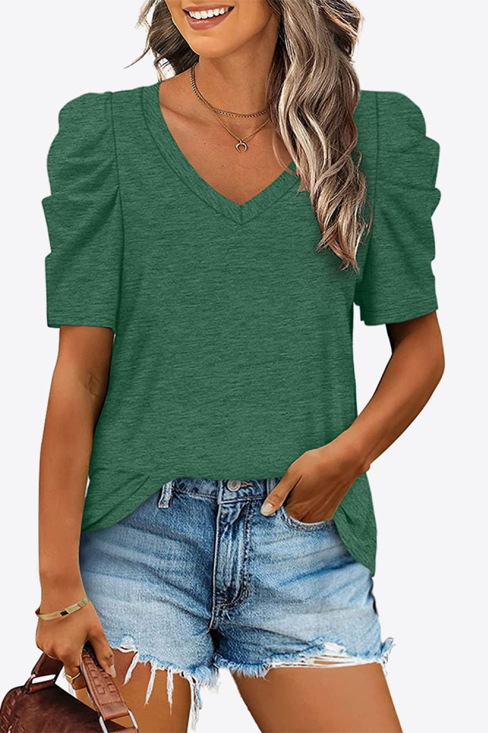 V-Neck Puff Sleeve Tee ( 6 Colors)  Krazy Heart Designs Boutique Forest S 