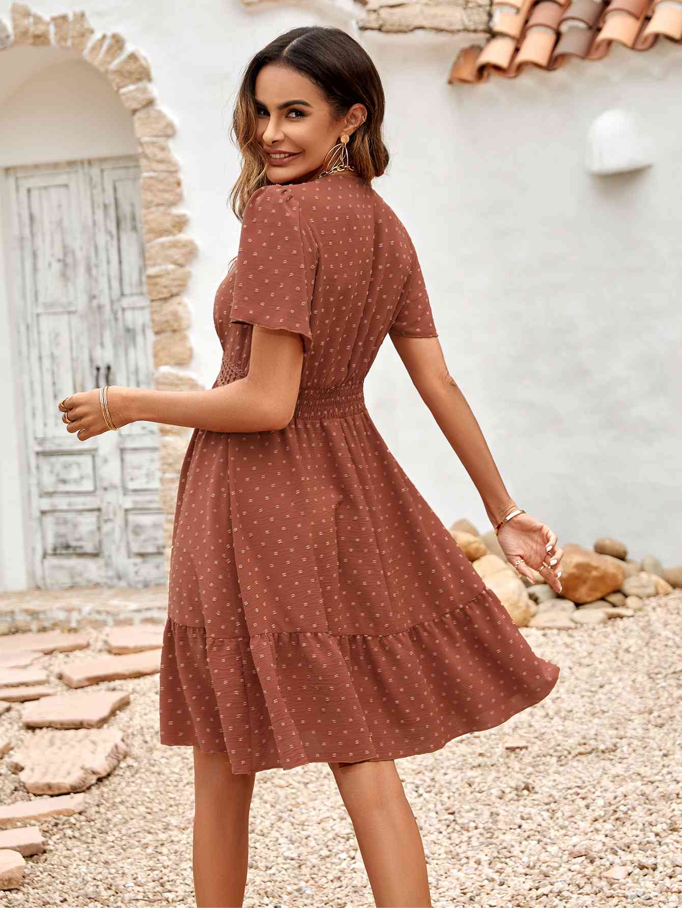 Swiss Dot V-Neck Openwork Puff Sleeve Dress (3 Colors)  Krazy Heart Designs Boutique   