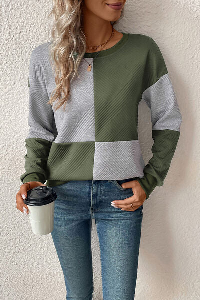 Textured Color Block Round Neck Sweatshirt (4 Colors) Shirts & Tops Krazy Heart Designs Boutique   