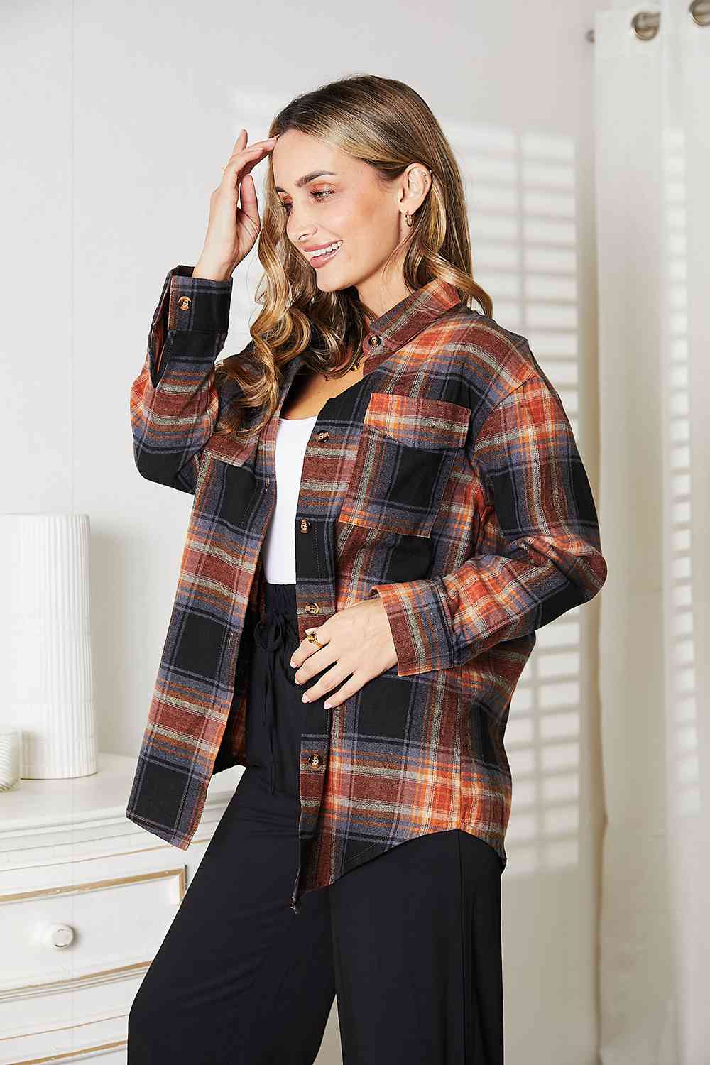 Double Take Plaid Dropped Shoulder Shirt (4 Colors)  Krazy Heart Designs Boutique   