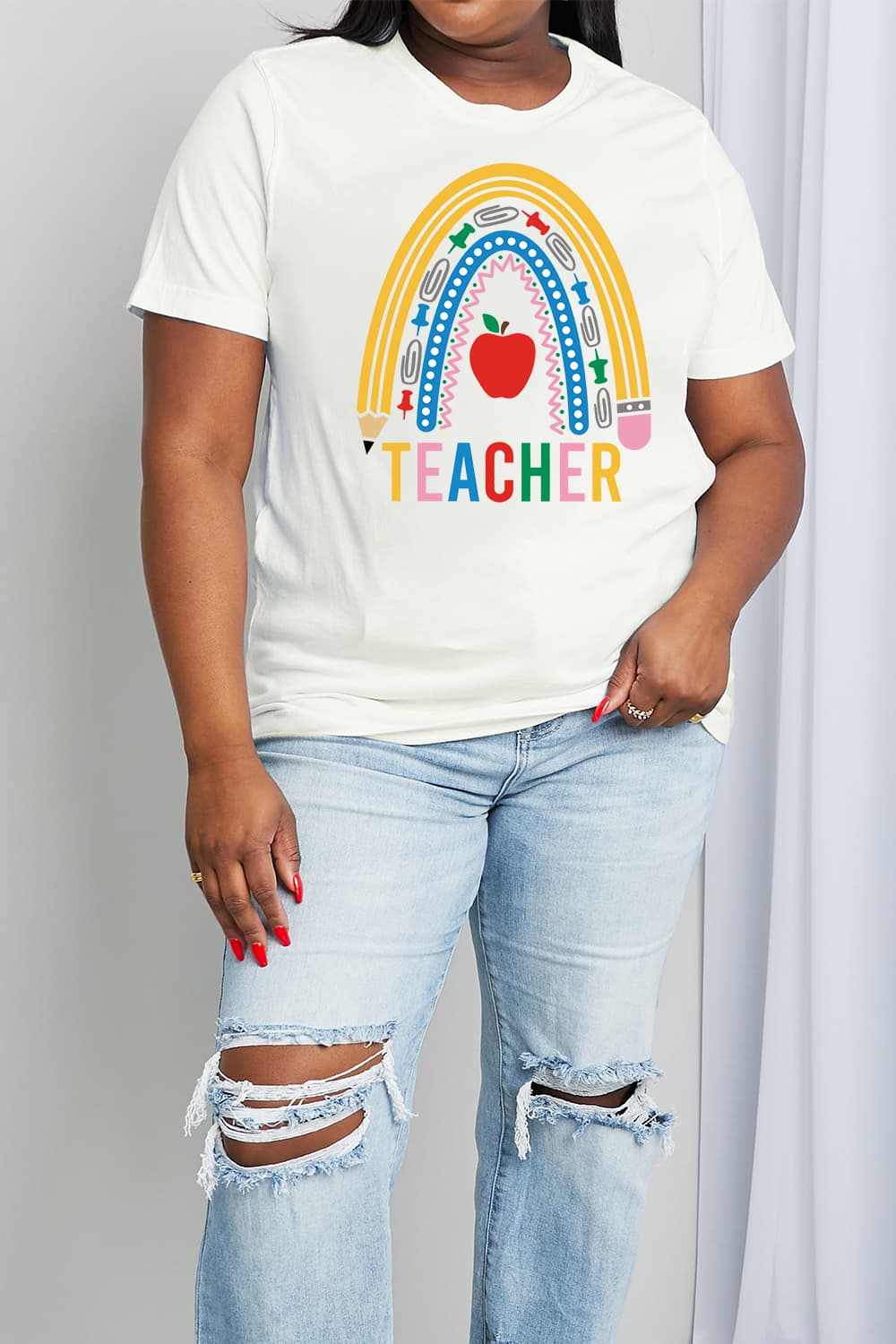 Simply Love Full Size TEACHER Rainbow Graphic Cotton Tee (2 Colors)  Krazy Heart Designs Boutique   