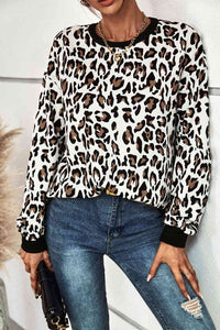 Leopard Print Round Neck Dropped Shoulder Sweatshirt (2 Colors) Shirts & Tops Krazy Heart Designs Boutique White/Leopard S 