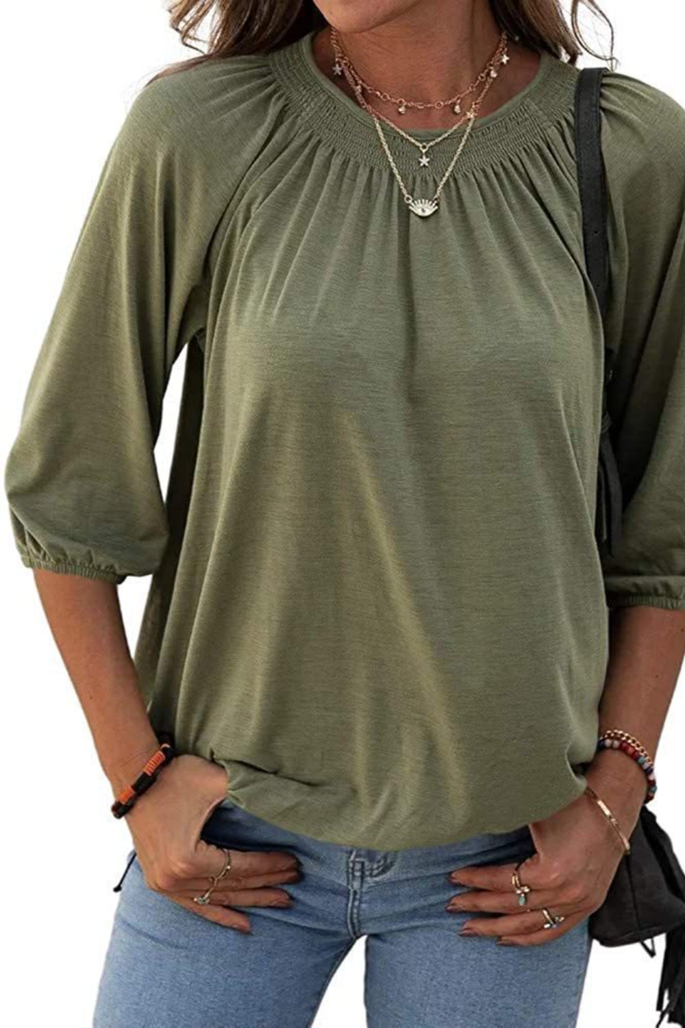 Gathered Detail Round Neck Top (8 Colors)  Krazy Heart Designs Boutique Matcha Green S 