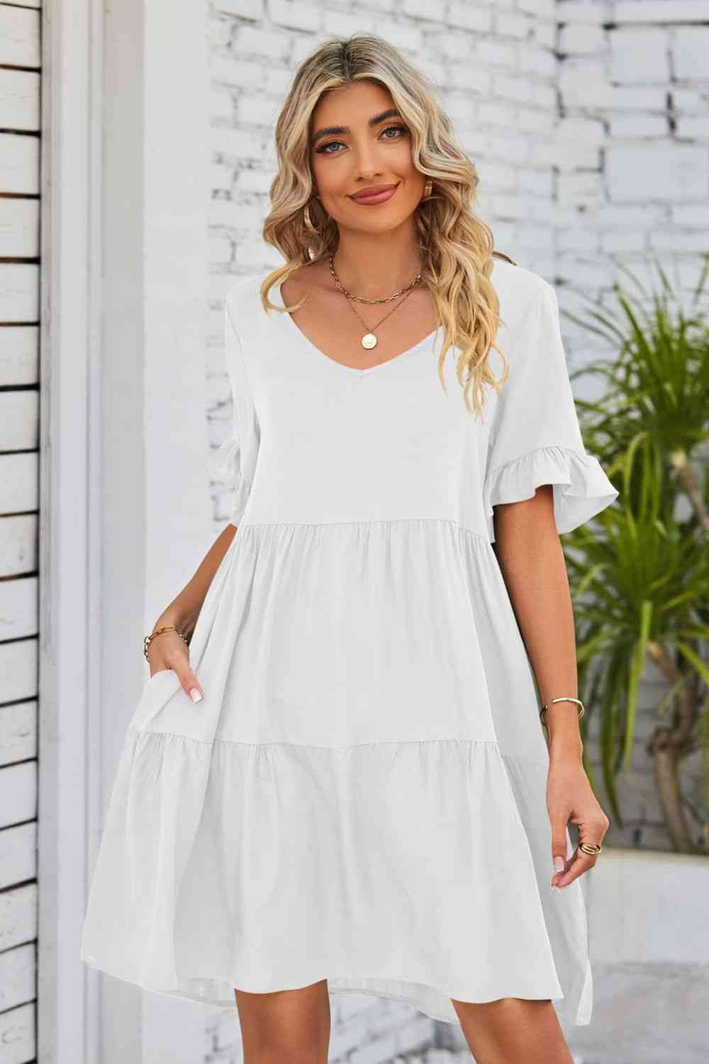 V-Neck Flounce Sleeve Tiered Dress (8 Colors)  Krazy Heart Designs Boutique White S 