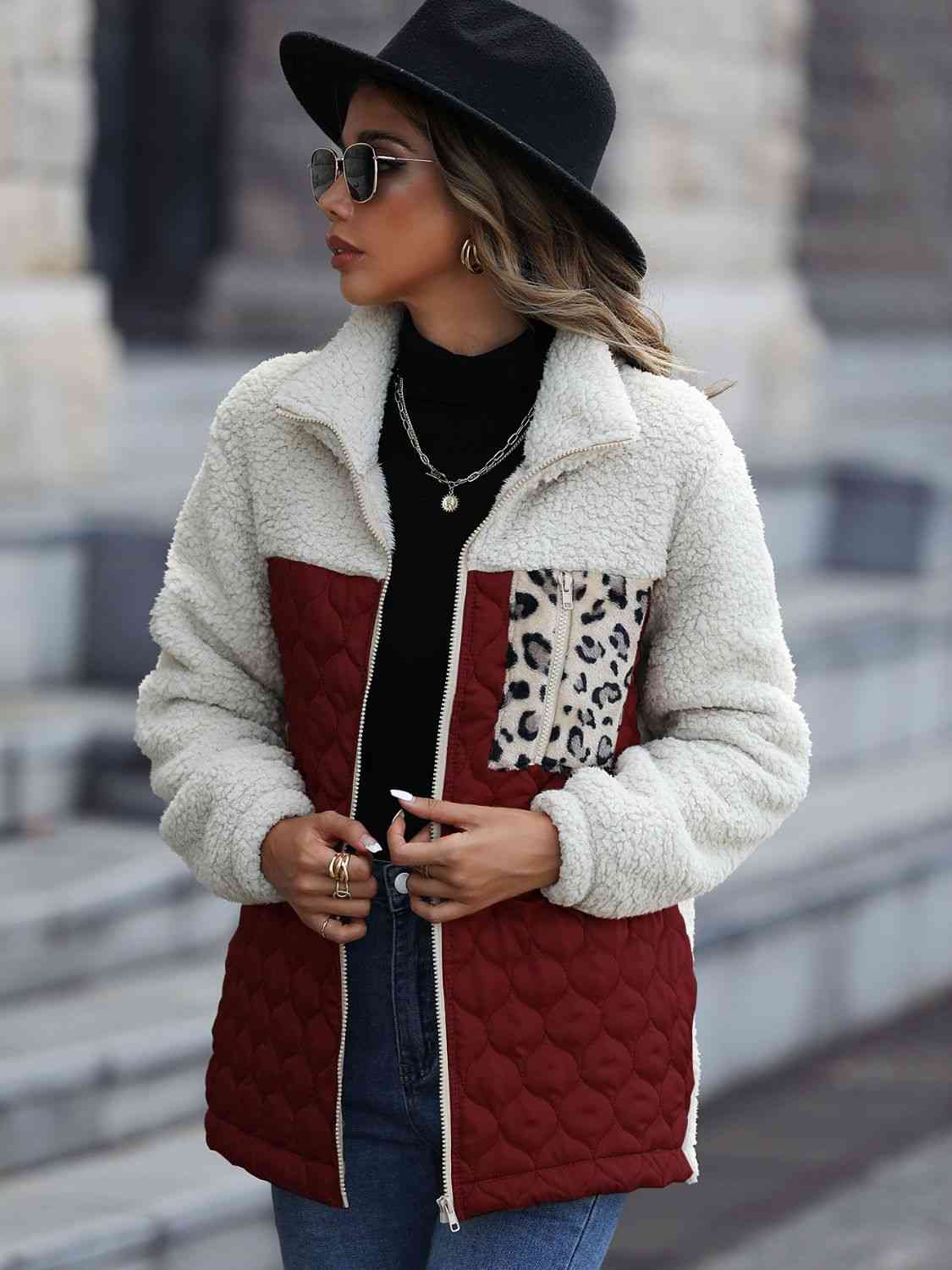 Leopard Print Color Block Zip-Up Jacket (6 Colors) coats Krazy Heart Designs Boutique Wine S 